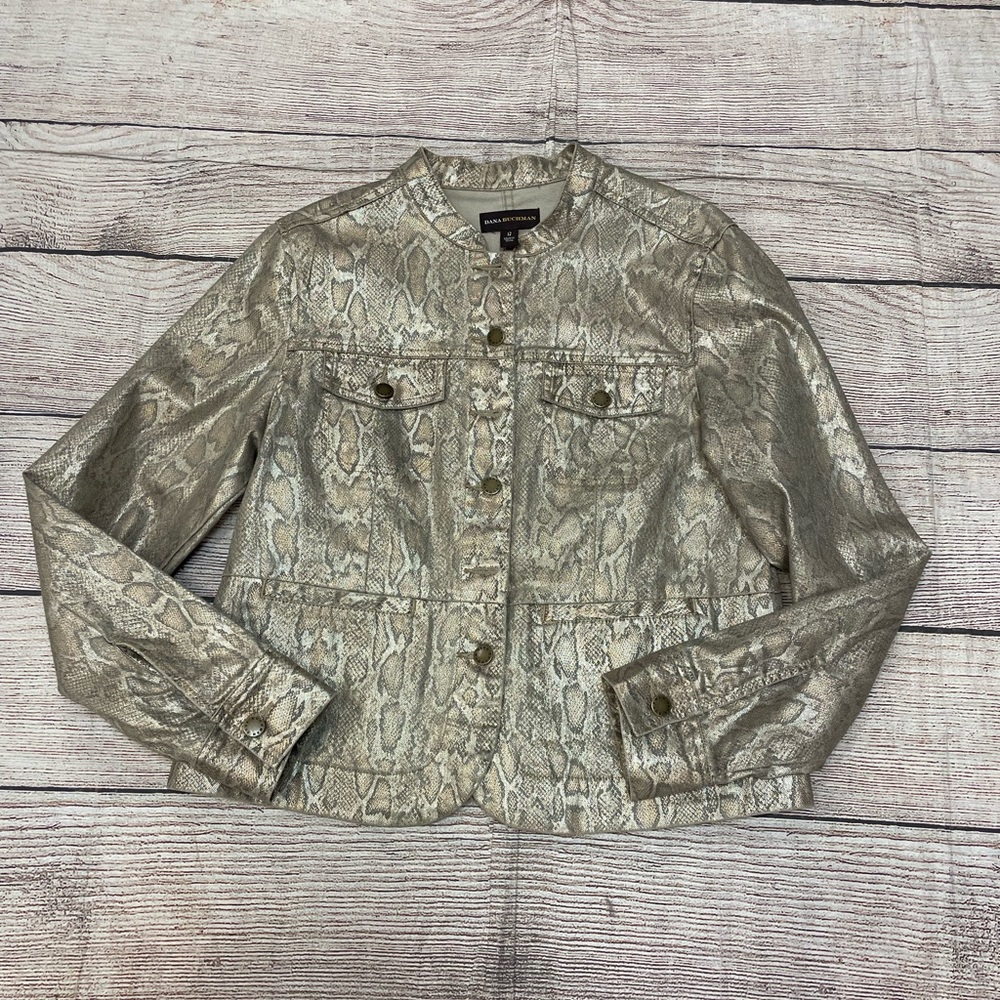 😍 Dana Buchman gold metallic animal print jacket button up front size 12 Large